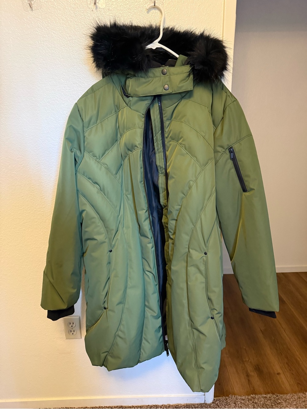 Midnight Velvet Olive Green Puffer Coat with Black Faux Fur Hood